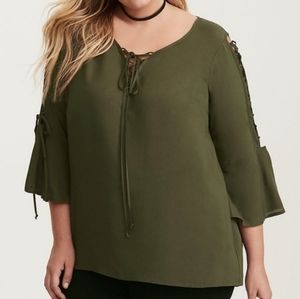 Torrid Plus Size 3/4 Bell Sleeve Lace Up Challis Blouse Size 1X